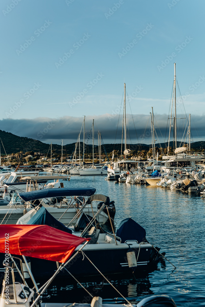 Fototapeta premium Boats and masts fill a calm marina basin under a clear blue sky with hills beyond. Boating leisure and marina infrastructure appealing to summer travel and watersport tourism