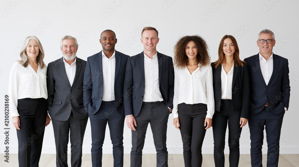Obraz premium Diverse group of professionals in business attire standing together against a white background
