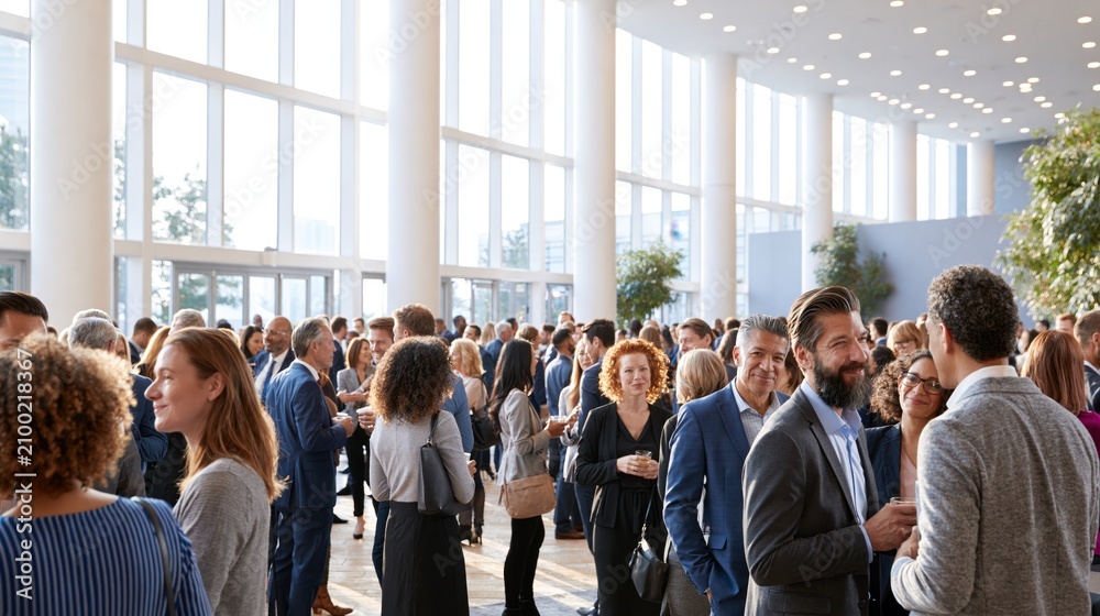 Obraz premium Diverse professionals networking and conversing at a large corporate event