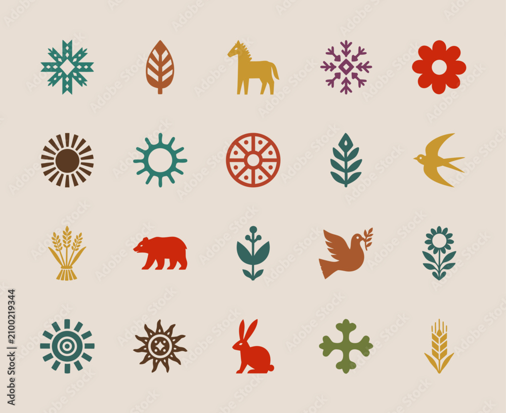 Fototapeta premium Scandinavian Folk Art Icon Set, Flat Vector Nature and Animal Symbols Collection
