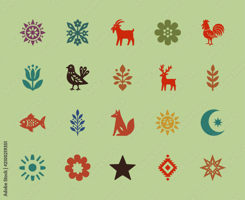 Fototapeta premium Scandinavian Folk Art Icon Set, Flat Vector Nature and Animal Symbols Collection