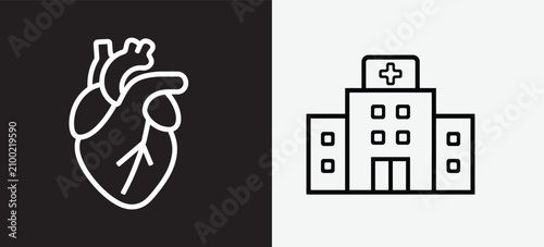 Heart and hospital building icons set Vector