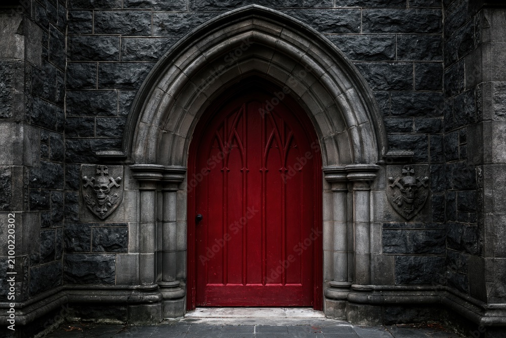 Obraz premium The Red Door Under a Gothic Stone Archway in a Weathered Castle Entrance