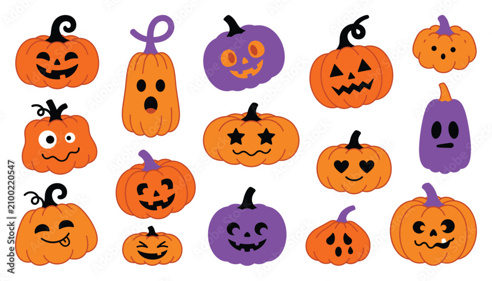 Obraz premium Collection of playful cartoon Halloween pumpkins with carved faces for festive decoration