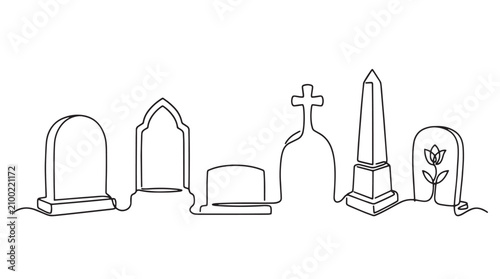 Obraz na płótnie Minimalist continuous line drawing of cemetery tombstones, spooky graveyard head