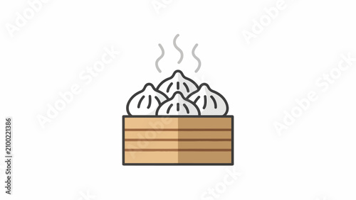 Steaming bamboo steamer with dumplings.