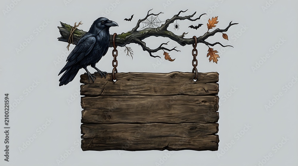Naklejka premium Dark crow perched on gnarled branch above rustic wooden sign with hanging chains, isolated on neutral background for design projects.