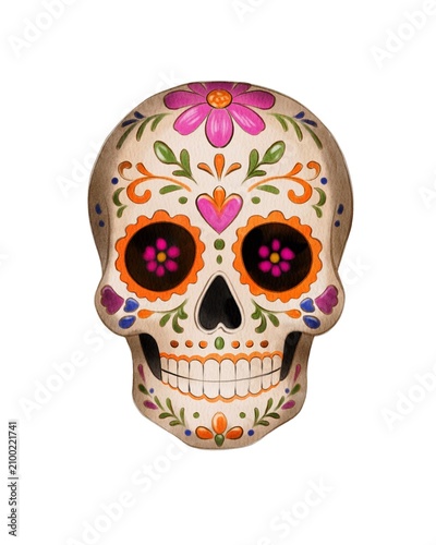 Obraz na płótnie White Sugar Skull Watercolor Illustration with Floral Ornament