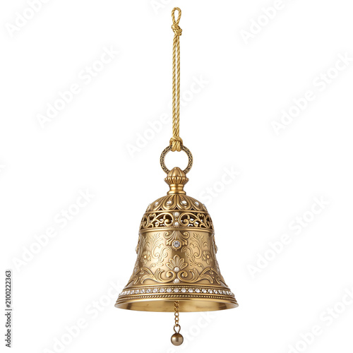 Luxury ornate gold Christmas bell ornament hanging with rope