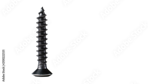 Isolated dark metal self-tapping screw with pointed tip and coarse threads, industrial fastener