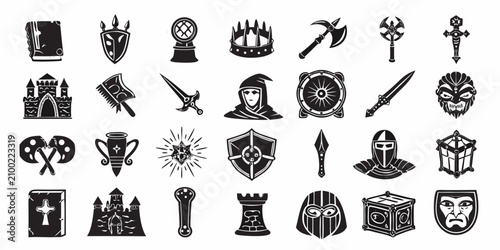 Schilderij op canvas Fantasy Rpg Icons Monochrome Silhouettes On White Background