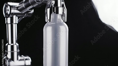 Sleek Modern Glass Bottle with Metallic Spout in Close-Up Against Black Background for Product Photography
