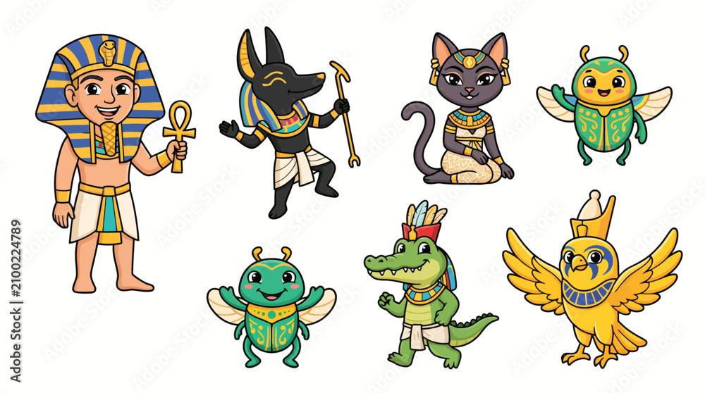 Fototapeta premium Cute Cartoon Egyptian Pharaoh Gods and Sacred Animals Collection Set