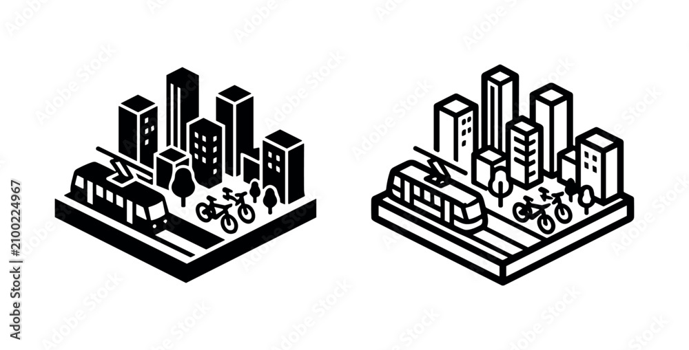 Obraz premium Isometric City Landscape with Tram and Bicycles Icons