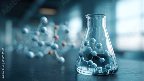 Erlenmeyer flask with molecular structure in modern laboratory