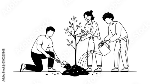 Slika na platnu Diverse group planting a tree, symbol of growth, teamwork, and environmentalism
