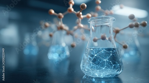 Scientific flask with glowing network and molecular structures in lab