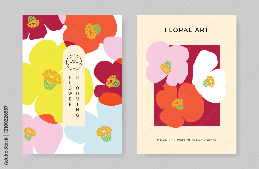 Fototapeta premium Modern floral card background vector. Minimal hand drawn botanical flowers template background. Design illustration for wedding, vip cover, poster, rsvp modern card, birthday party.