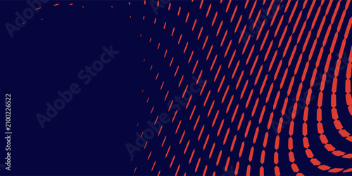 Modern neon red pulse wave on dark blue background. Abstract geometric halftone dot curve structure for futuristic technology wallpaper.