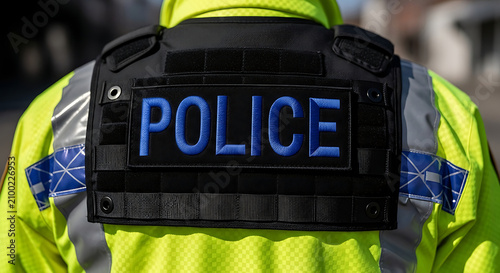 Police officer wearing a tactical uniform vest with reflective details for public safety