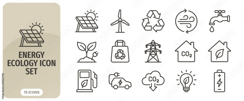 Fototapeta premium Energy and ecology line icon set, sustainable development and environment protection symbols, vector illustration