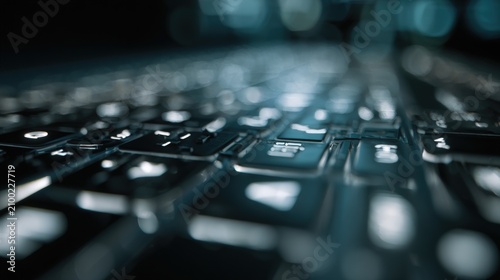 Close-up illuminated laptop keyboard with abstract bokeh light