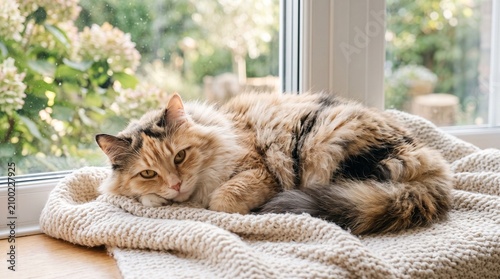 Cozy Longhair Cat Resting on Knit Blanket by Window in Sunlit Home Interior, A fluffy longhair cat lounges on a soft knit blanket beside a sunlit window, conveying warmth wallpaper