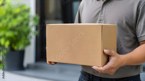 Courier Holding Brown Cardboard Delivery Box at Residential Doorstep for Home Delivery Service