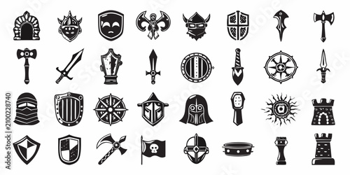 Bild auf Leinwand Fantasy Rpg Icons Helmets Shields Weapons And Castle Silhouette Collection