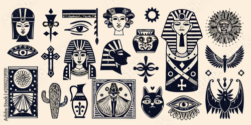 Tableau sur toile Ancient Egyptian Mythological Symbols And Motifs Black Vector Illustration