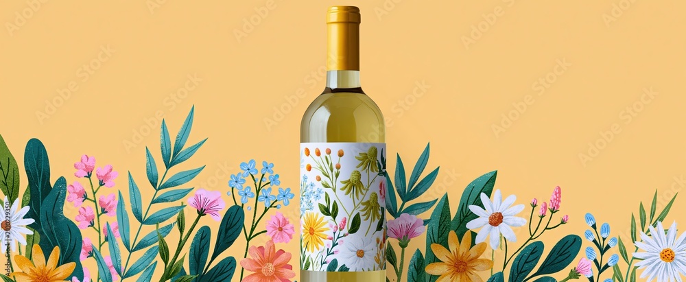 Fototapeta premium A brightly colored wine bottle with a whimsical floral label set against a pastel background, ideal for festive occasions.
