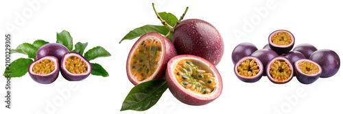 Konstfotografi Fresh passion fruits, whole and halved, with green leaves, isolated on white bac