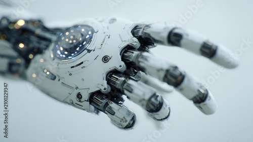 Futuristic white robotic hand with glowing details close-up