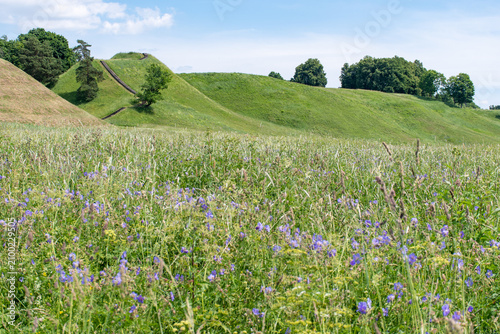 The hillforts and the mounds of Kernave in summer, the medieval capital of the Grand Duchy of Lithuania, a tourist attraction and an important archaeological site, UNESCO world heritage