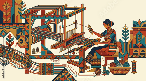 A skilled woman sits at a wooden handloom weaving intricate geometric fabric patterns while sitting in a traditional environment filled with colorful yarn and decorative cultural textile motifs