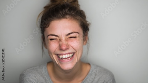 Joyful young woman with closed eyes laughing heartily