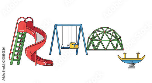 Vibrant playground clipart set featuring a red curved slide a blue metal swing a green dome climber and a seesaw isolated on a white background