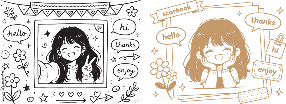 Naklejka premium Cute anime girl doodle vector set with hand drawn scrapbook elements speech bubbles and polaroid frames