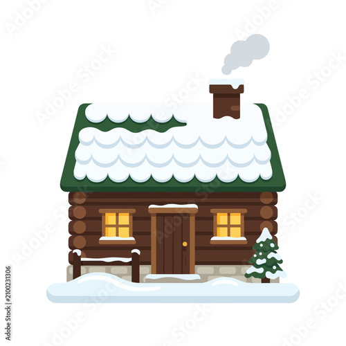 Cozy log cabin in winter with snow on roof and smoke from chimney