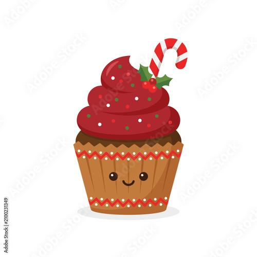 Cute Christmas Cupcake with Candy Cane and Holly Sprinkles