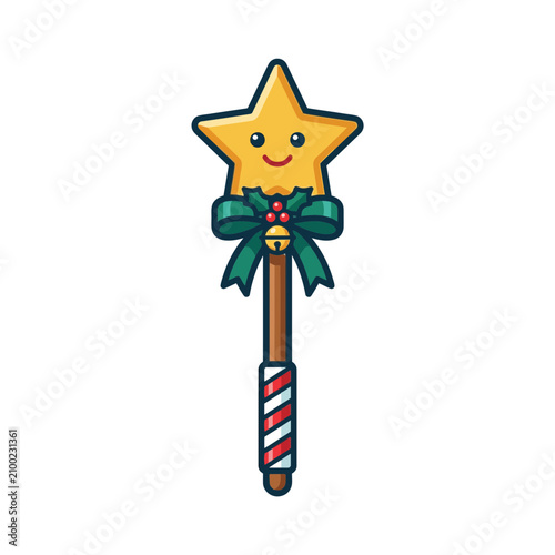 Cute Christmas Star Wand with Holly and Bell