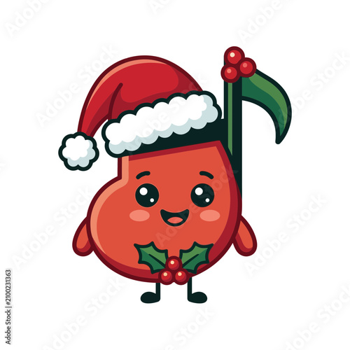 Cute Christmas musical note cartoon character wearing Santa hat, festive holiday, joy