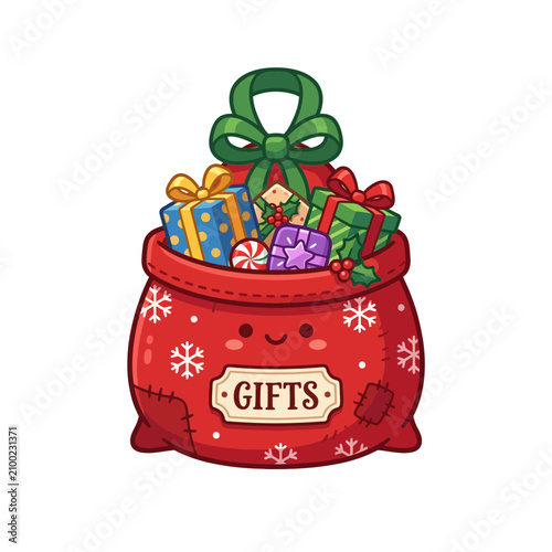 Cute Christmas Gift Bag Full of Presents, Snowflakes, and Bow