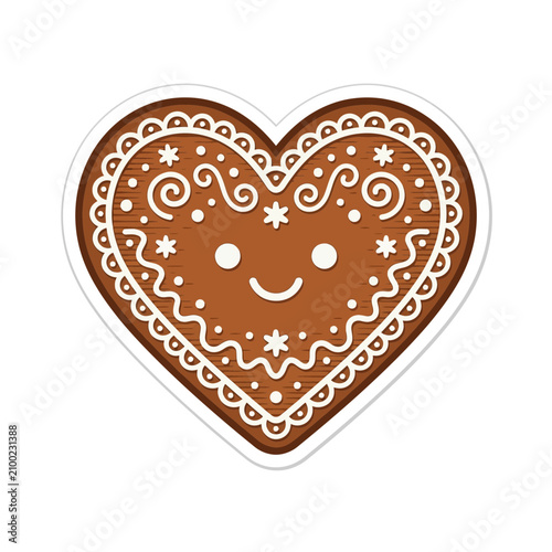 Cute Heart Gingerbread Cookie Cartoon Face, Icing Decoration, Valentine's Day Treat