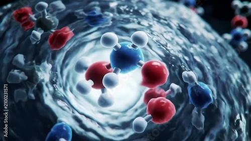 Vibrant Molecules in Swirling Water with Dynamic Fluid Motion Illustrating Molecular Interactions for Educational and Scientific Visualization