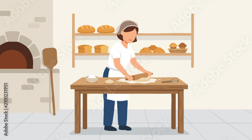 Quadro su tela Baker rolling dough in traditional bakery with oven and fresh baked goods