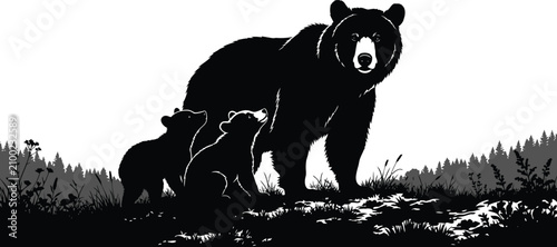 Black and white silhouette of a mother bear with two cubs in a forest landscape, vector illustration