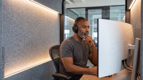 A focused mature African American man wearing headphones concentrates intently on a computer screen in a modern, acoustically paneled office pod with warm ambient lighting.