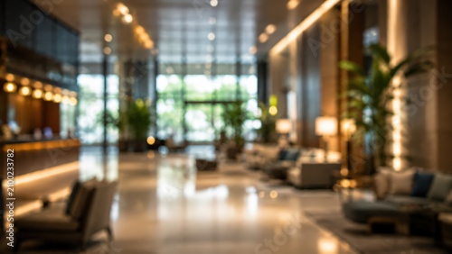 blurred background of modern luxury hotel lobby reception area with warm lighting and comfortable seating arrangements