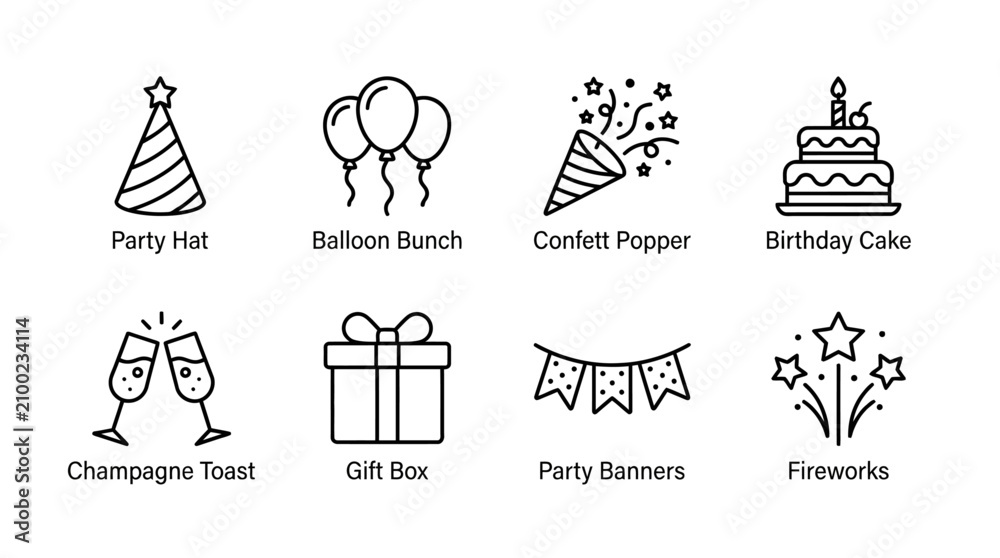Fototapeta premium A festive party scene with a party hat, balloons, confetti popper, birthday cake, champagne toast, gift box, banners, and fireworks celebrating a joyful event.
